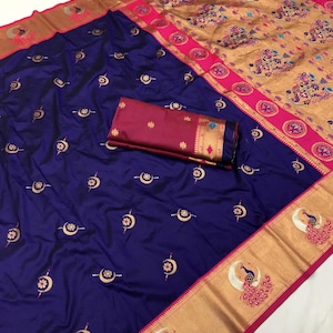 Royal Blue Paithani Silk Saree: Zari Woven Peacock Design, Dark Pink Blouse