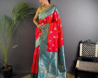 Pink Banarasi Soft Silk Saree | Blue Kalamkari Border, Festival Wedding Guest Outfit