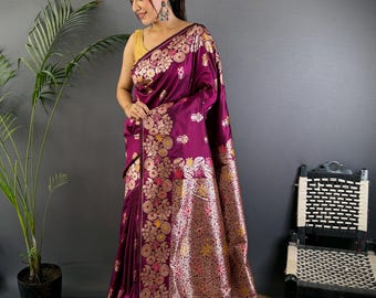 Deep Burgundy Silk Banarasi Saree, Kalamkari Zari Butti, Wedding Guest Sari