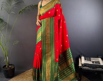 Red Banarasi Silk Saree, Green Zari Border, Traditional Weaving, Family Function Wear