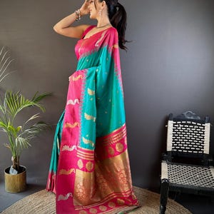 Handloom Banarasi Silk Saree With Stitched Blouse - Navratri, Diwali, Durga Puja Saree