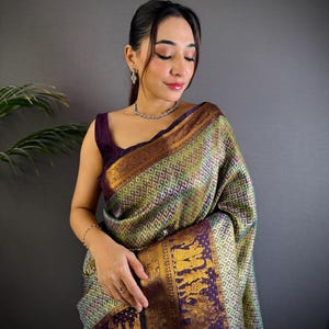 Ikat Design Dharmavaram Soft Silk Saree, Golden Green Saree, Gift For Her