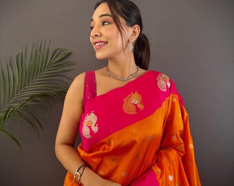 Orange Banarasi Silk Saree, Red And Gold Woven Border, Anniversary Gift, Mothers Day Gift