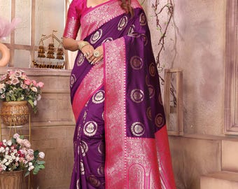 Banarasi zijden sari, paars met roze rand, gouden zari paisley-motief