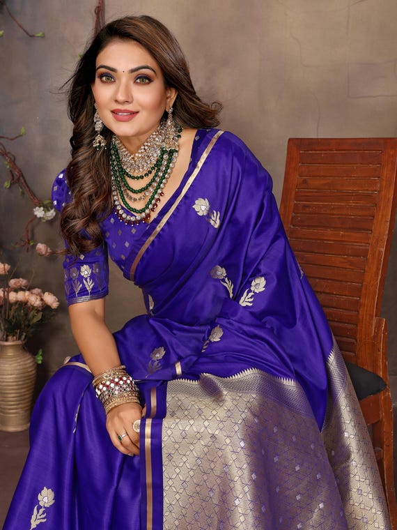 Morbido Banarasi Seta Saree Con Scucito Camicetta Donna Festa Morbido Banarasi Seta Saree Con Scucito Camicetta Donna Festa