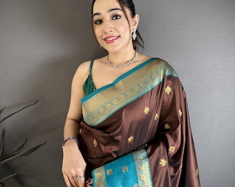 Brown Soft Silk Kanjivaram Saree Blouse, Engagement Party Gifts, Gifts For Mom From Son