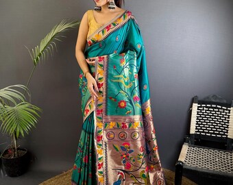 Teal blauwe paithani zijden sari, papegaai en pauw veelkleurige kant-en-klare sari, Moederdagcadeau