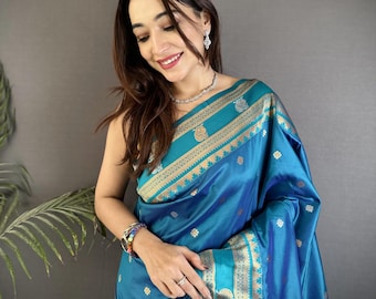 Sari de seda Banarasi azul verdoso, regalo para dama de honor, sari de pavo real dorado y plateado, regalo para ella