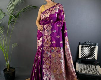 Lila Banarasi-Seiden-Sari: Zari-gewebte Hochzeits-Saris für Frauen, trendige Saris