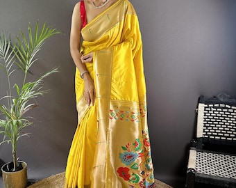 Gele Paithani zachte zijden Saree | Kalamkari-weven, gouden Zari-rand (5,5 m)