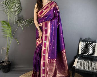 Paarse Banarasi zijden Saree met blouse, goud zilver Peacock Sarikanchi pattu, Zuid-Indiaas,