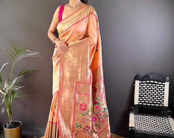 Paithani Seide Pfirsich Rosa Saree mit Gold Munia Borte, Geburtstagsgeschenk, Muttertagsgeschenk