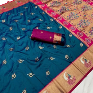 Teal Blue Paithani Silk Saree: Peacock Border, Pink Blouse - Indian Wedding Attire