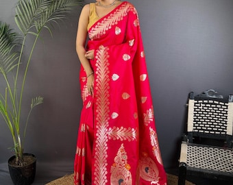 Red Banarasi Silk Saree, Gold Zari Woven Sari