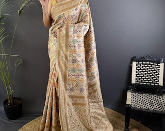 Pashmina Soft Silk Beige Saree With Stitched Blouse, Indian Ethnic Wear, Gift For Her