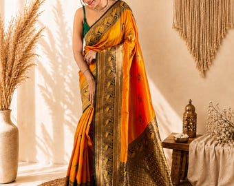 Yellow Kanjivaram Silk Saree, Gold Zari Peacock Border, Wedding Saree,kanchi pattu, south indian,