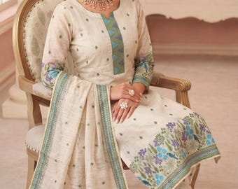 Salwar Kameez de algodón color marfil con dupatta, trajes de salwar tejidos florales listos para usar para mujer.