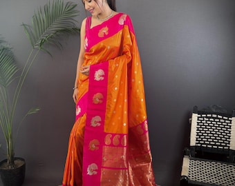 Orange Banarasi Soft Silk Saree, Red And Gold Woven Border, Anniversarykanchi pattu, south indian,