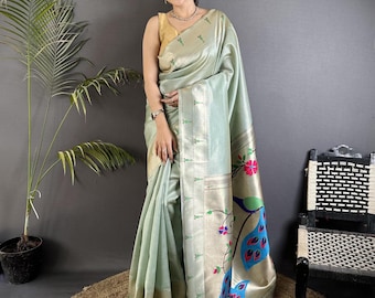 Licht hemelsblauwe kanjivaram zachte zijden paithani sari met gestikte blouse, Moederdagcadeaus