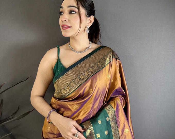 Featured listing image: Dual Tone Kanjivaram Soft Silk Saree, Personalized Birthday Gifts, Festival Outfit, Mothers Day Gift