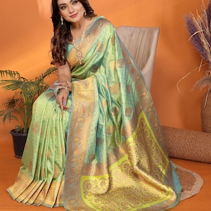 Festive Wear Saree With Gold Tone Zari Border - Designer Lightweight Banarasi Sari For Gifting