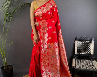 Red Banarasi Silk Saree, Floral Kalamkari Zari Border, Wedding Party Wear