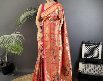 Kanjivaram zachte zijden sari met gestikte blouse Paithani Sari, cadeau voor haar, bruiloft sari