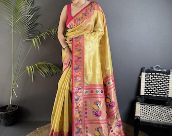 Yellow Tissue Silk Paithani Saree, Peacock Border, Maharashtrian Wedding Wear
