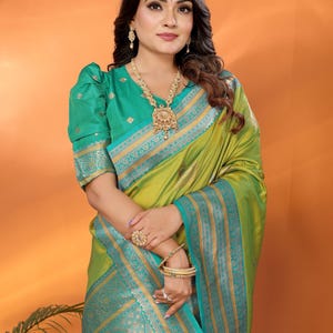 Olive Green & Gold Kanjivaram Pattu Saree - Soft Silk Saree With Blouse Piece For Traditional Events