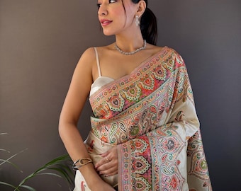 Ivory Pashmina Silk Saree: Kashmiri Paisley Weave, Wedding Sari