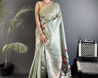 Licht hemelsblauwe kanjivaram tissue paithani zachte zijde designer sari blouse, Moederdagcadeau