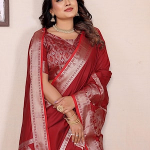Maroon Red Kalamkari Silk Saree: Wedding Wear with Zari Border