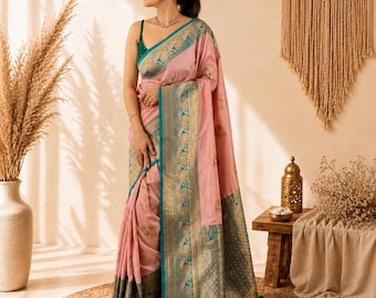 Pale Pink Banarasi Silk Saree, Blue Peacock Border, Festival Wedding Outfit