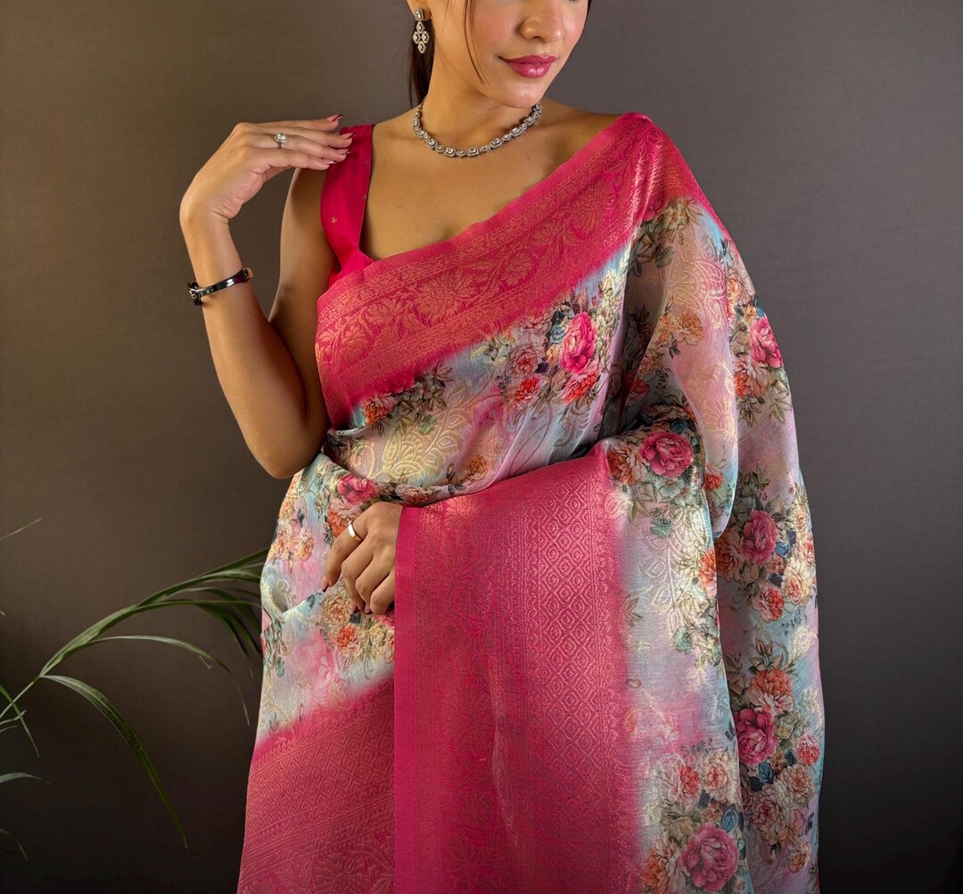 Fuscia pink ombrae banarasi tissue zardosi saree paired with stitched blouse main image 0