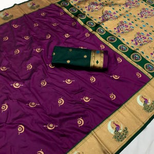 Purple Paithani Silk Saree: Attractive Peacock Border, Green Blouse - Indian Wedding Sari