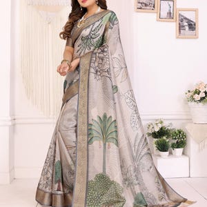 Tissue Silk Saree: Kalamkari Zari Border, Digital Floral Print
