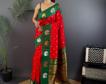 Red Banarasi Silk Saree, Kalamkari Zari Pallu, Green Border, South Indian Wedding Wear