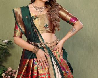 Butter Cream Paithani Indian Silk Lehenga Choli For Women Gold Zari Weaving, Designer Lehenga