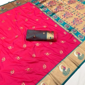 Dark Pink Paithani Silk Saree: Peacock Motif Indian Wedding Sari