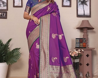 Weicher Banarasi-Seidensari, lila-goldenes Zari-Pfauenmuster, festliche Kleidung für Hochzeiten und andere festliche Anlässe