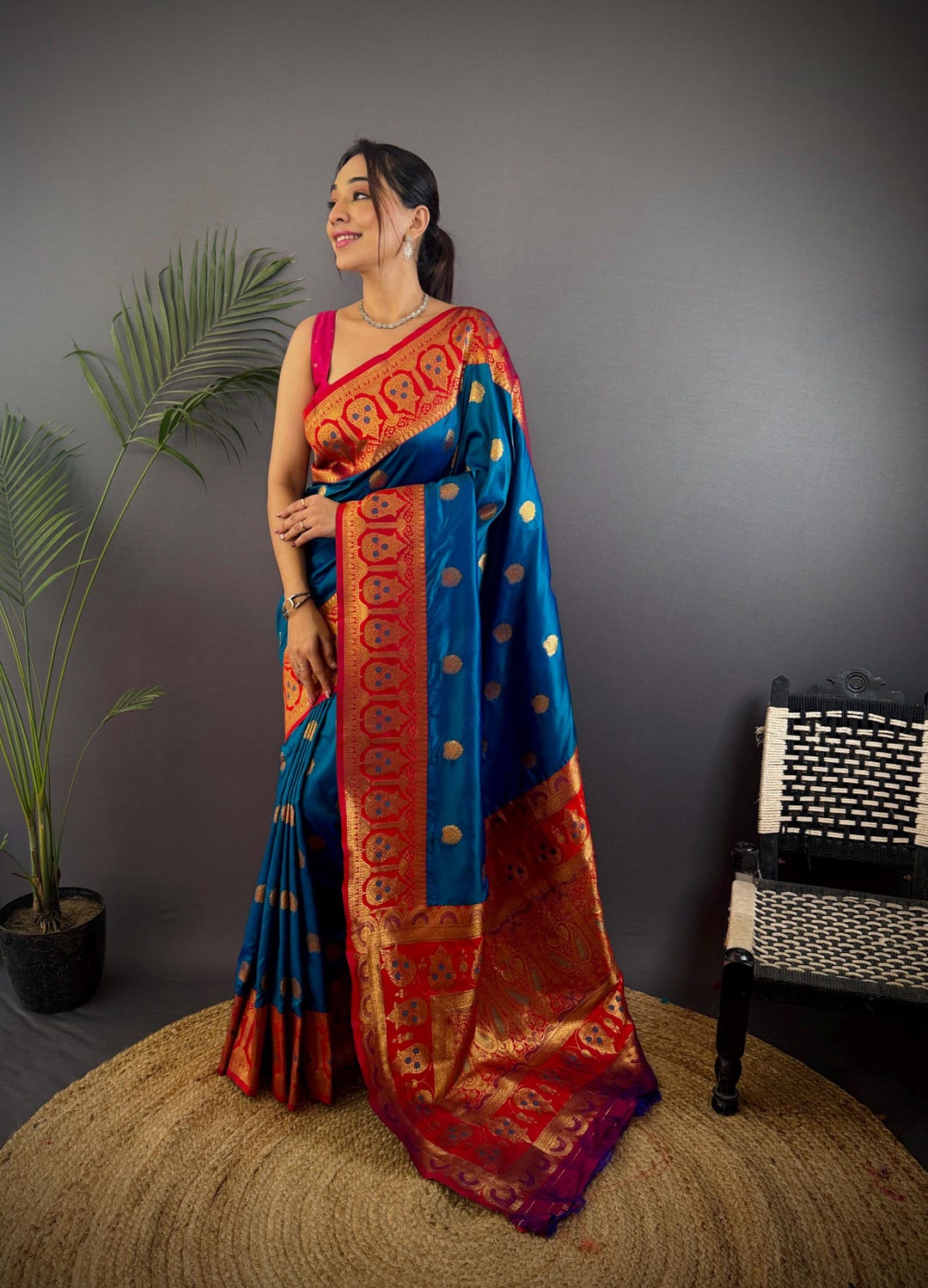Dark Rama Banarasi Silk Saree: Red Kalamkari Zari Woven Border - Etsy