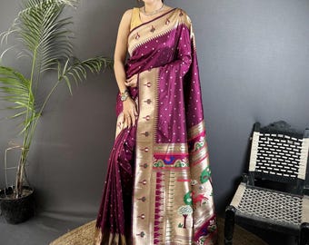 Bourgondische kanjivaram zachte zijden sari's voor dames, paithani zijden sari, moederdagcadeau