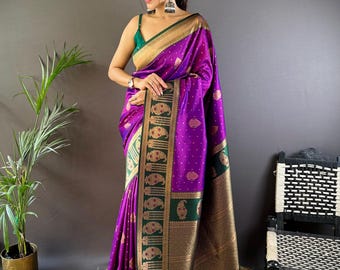 Lila Banarasi-Seidensari | Goldener Zari-Paisley-Rand, Hochzeitskleidung