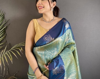 Dual Tone Blue Dharmavaram Soft Silk Saree, Saree With Stitched Blouse, Gift For Her