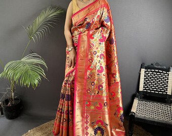 Kanjivaram zachte zijden sari met gestikte blouse Paithni Saree, cadeau voor haar, huwelijkscadeaus