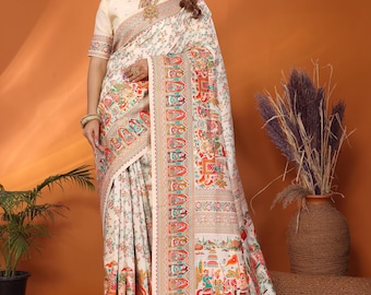 Kashmiri Pashmina Soft Silk Saree, Multi Color Indian Ethnic Clothing, Anniversary Gift For Her
