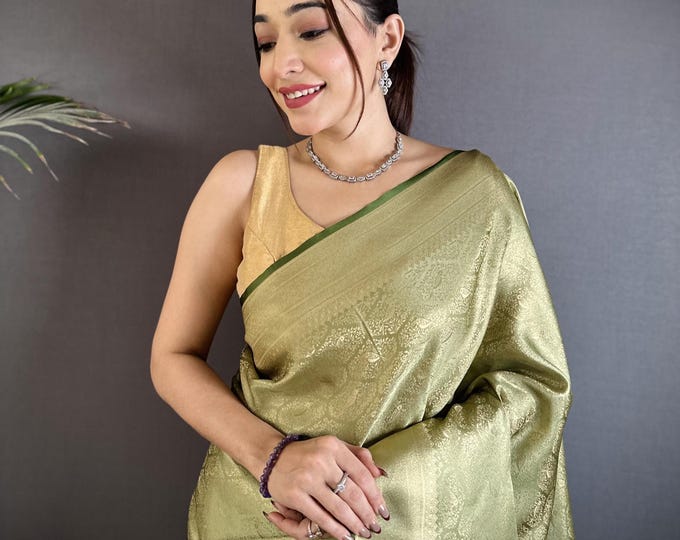 Featured listing image: Olive Green Kanjivaram Silk Saree With Stitched Blouse, Paithani Silk Sari, Gift For Her
