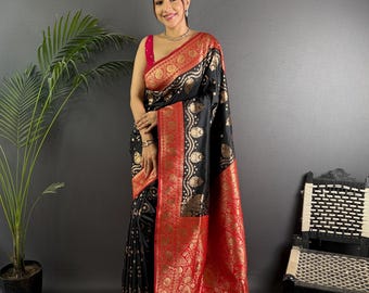 Black Banarasi Silk Saree, Gold Floral Border, Wedding Party Gifts, Gifts For Wife