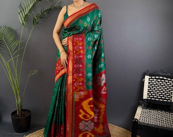 Groene patola-zijden sari met ikat-geweven designerpallu, bruiloftsari, festivaloutfit