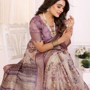 Floral Print Tissue Silk Saree: Gold Woven Border, Indian Wedding